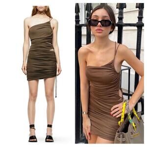 Zara Brown Asymmetric Draped Cut Out Ruched Mini Dress Size XS 7733/075